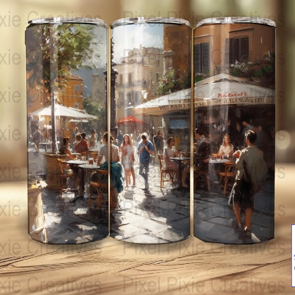 Watercolor Italian Street scene 20oz Skinny Tumbler Wraps, tumbler design, high quality sublimation wrap, seamless tumbler, Straight Tumbler