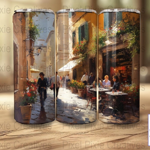 Watercolor Italian Street scene 20oz Skinny Tumbler Wraps, tumbler design, high quality sublimation wrap, seamless tumbler, Straight Tumbler