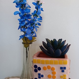 May include: A pink ceramic planter with a geometric pattern of blue and yellow circles and squares. The planter is filled with a succulent plant with dark green leaves. A glass vase with blue and white flowers sits on a stack of books.