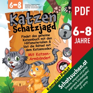 Katzen Schatzsuche Schnitzeljagd für Kindergeburtstag für Kinder 6-8 Jahren, Großes Katzenabenteuer - Katzencodex, Armbänder (Papierschmuck)