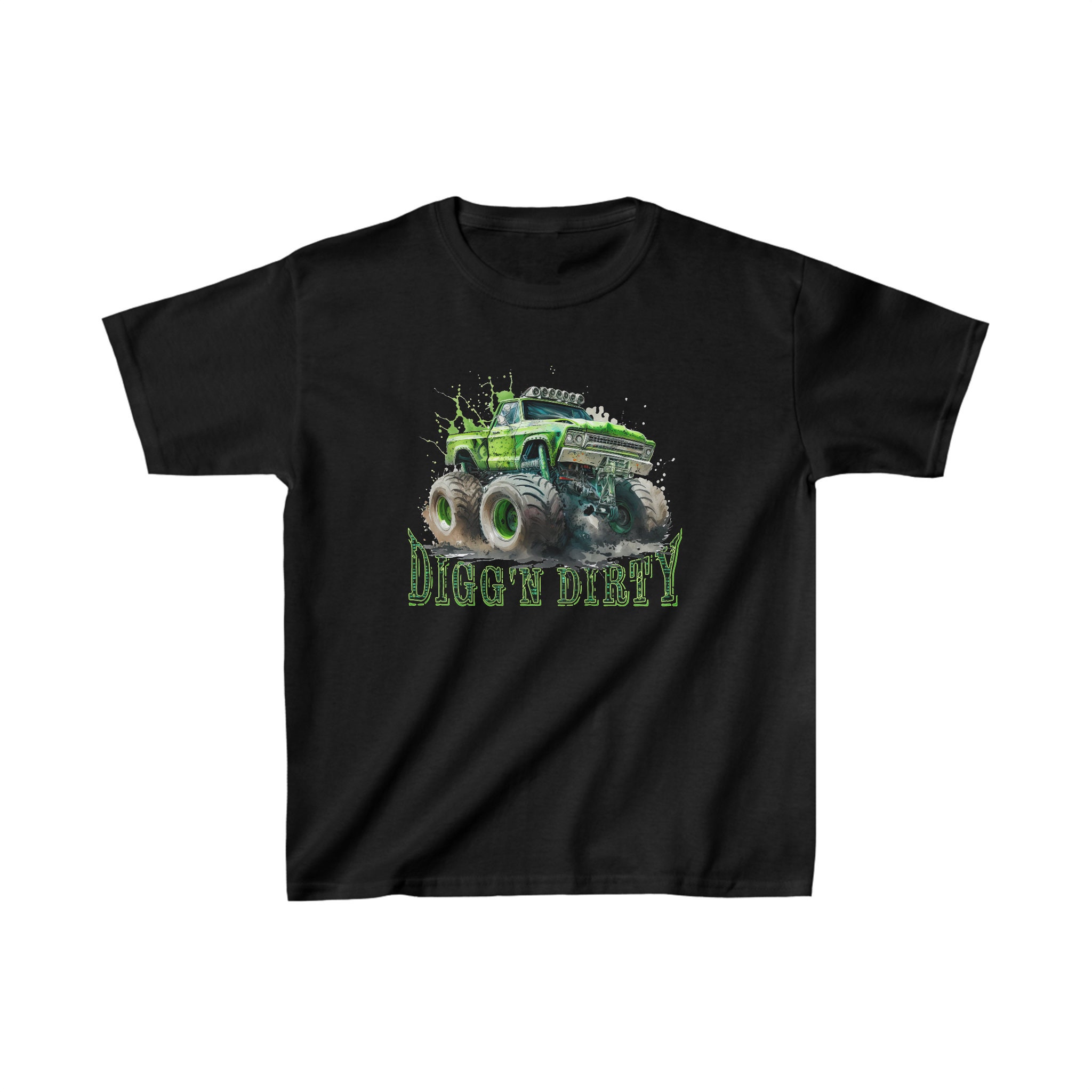 Digg'n Dirty Green Monster Truck-kids heavy cotton Tee, Boys love trucks, 4x4, mudding, matrix style font, perfect for your son-grandson