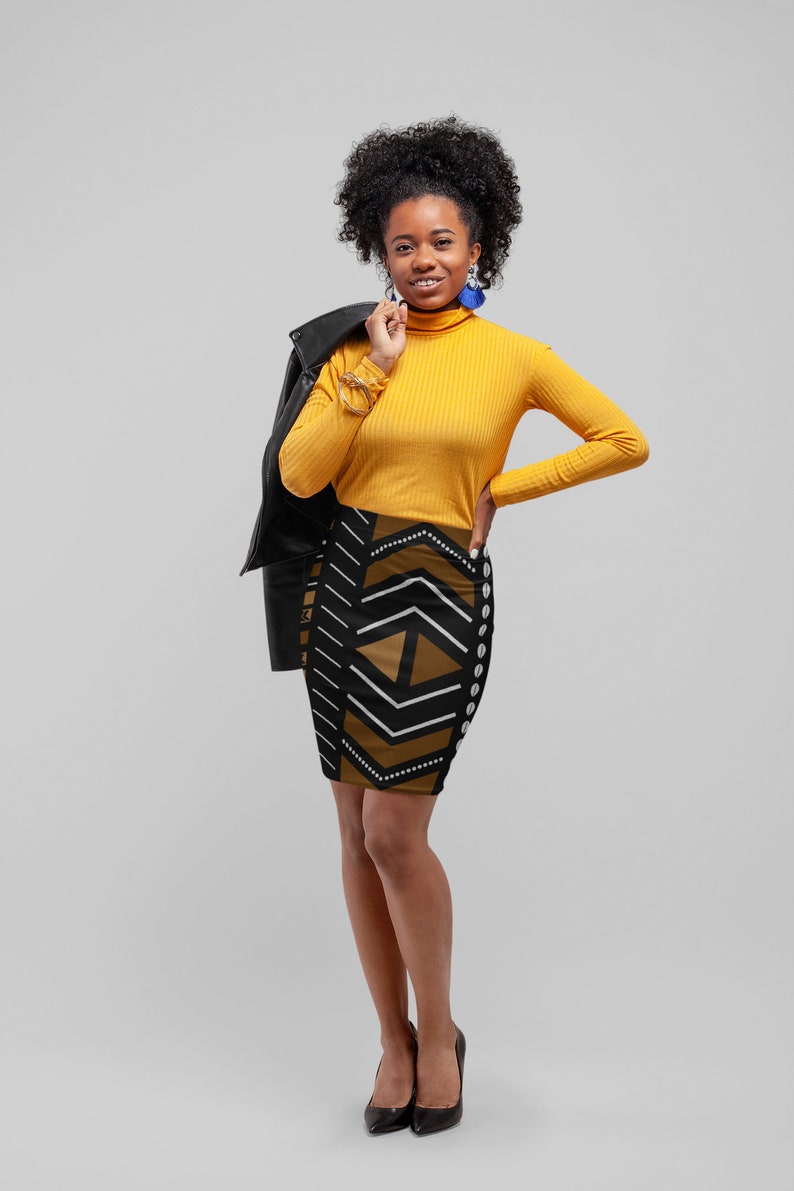 Women's Pencil Skirt (AOP), orange crotchet all over pattern design stylish classy fitted slim above knee skirt