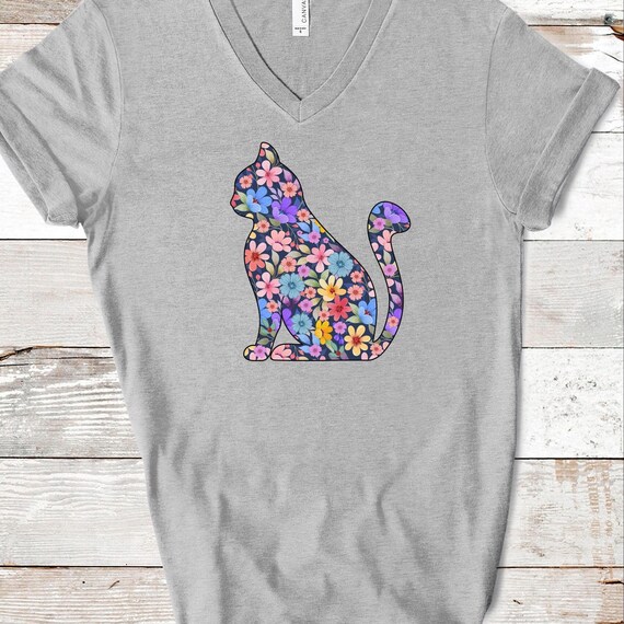 Chic Floral Cat Shirt for Women, 100% Lightweight Cotton V-Neck T-Shirt