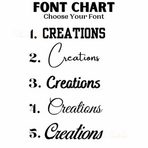 K&ouml;nnte beinhalten: Eine Schriftartentabelle mit dem Titel FONT CHART Choose Your Font, die f&uuml;nf nummerierte Optionen des Wortes CREATIONS in verschiedenen Schriftarten zeigt, von fetten Blockbuchstaben bis hin zu verschiedenen Schreibschriften zur Auswahl.