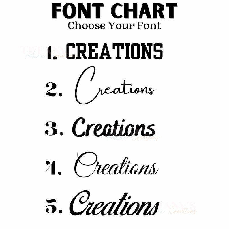 K&ouml;nnte beinhalten: Eine Schriftartentabelle mit dem Titel FONT CHART Choose Your Font, die f&uuml;nf nummerierte Optionen des Wortes CREATIONS in verschiedenen Schriftarten zeigt, von fetten Blockbuchstaben bis hin zu verschiedenen Schreibschriften zur Auswahl.
