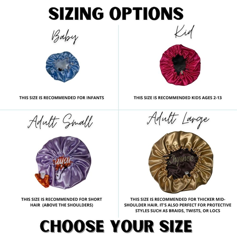 K&ouml;nnte beinhalten: Eine Gr&ouml;&szlig;entabelle f&uuml;r Satin-Hauben mit vier Optionen: eine blaue Babyhaube, eine magentafarbene Kinderhaube, eine violette kleine Erwachsenenhaube mit orangefarbenen Akzenten und eine goldene gro&szlig;e Erwachsenenhaube. Der Text enth&auml;lt SIZING OPTIONS, CHOOSE YOUR SIZE sowie Empfehlungen.