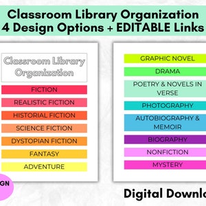 EDITABLE and Printable Classroom Library Organization, Library System with 15 Book Genres, Elementary or Secondary, Rainbow or Neutral