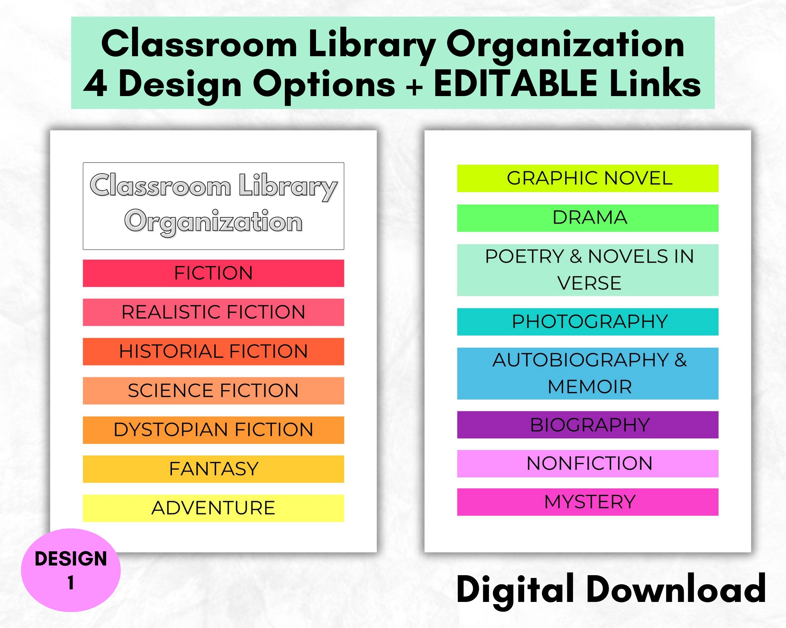 Organizzazione della biblioteca in classe MODIFICABILE e stampabile, sistema bibliotecario con 15 generi di libri, elementare o secondaria, arcobaleno o neutro