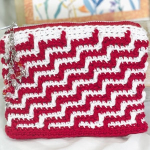 May include: A red and white crocheted zippered pouch with a silver chain and red beads attached.