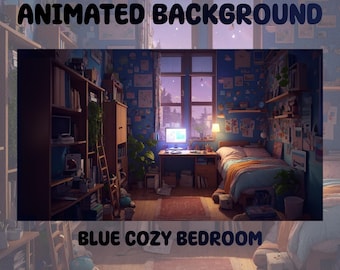 Vtuber Animated Background | Blue Cozy Bedroom | Looped Vtuber Twitch Stream Overlay | Instant Digital Download