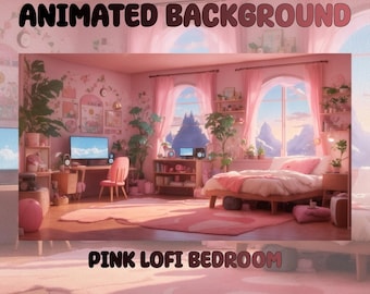 Fondo animado de Vtuber / Dormitorio rosa lofi / Superposición de transmisión de Twitch de Vtuber en bucle / Descarga digital instantánea