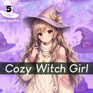 Cozy Witch PNGTuber Avatar | 5 uttryck, Anime Streamer-modell (digital nedladdning)
