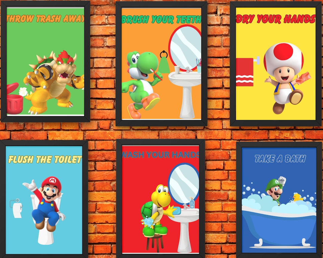 Super Mario Characters Bathroom Rules Wall Art Prints, Set of 6 8X10