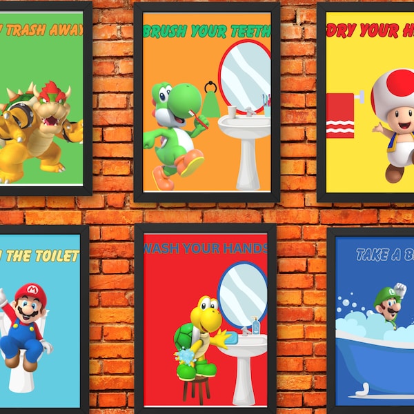 Personaggi di Super Mario Regole del bagno Stampe artistiche da parete, Set di 6 cornici (8X10) non incluse, Stampe da parete per bagno