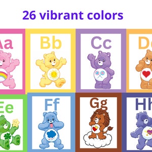 26  Care Bear Bulletin Board Alphabet Poster Cards Alphabet Line for Classroom Wall Letters Banner Decor Early Learning Playroom 80s