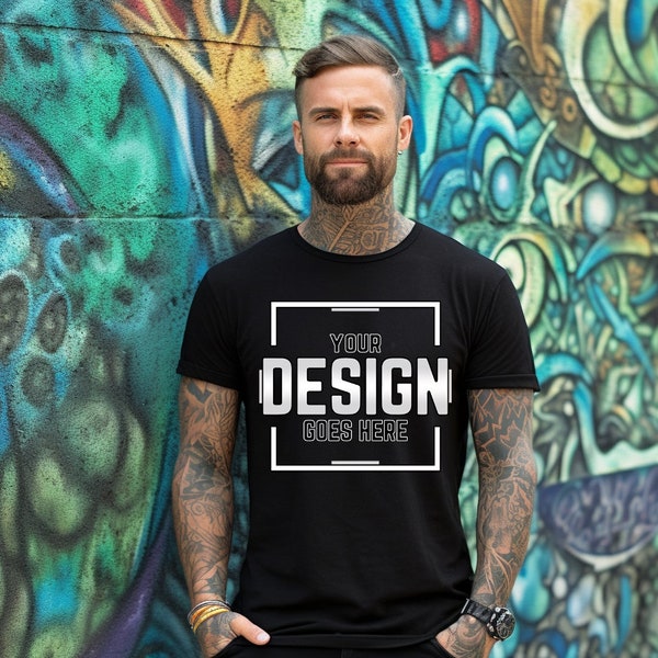 Bella Canvas 3001 Black tshirt mockup, Rocker T-shirt mockup, Punk shirt mockup, Alternative, Tattooed Model, Mens T-shirt mockup.