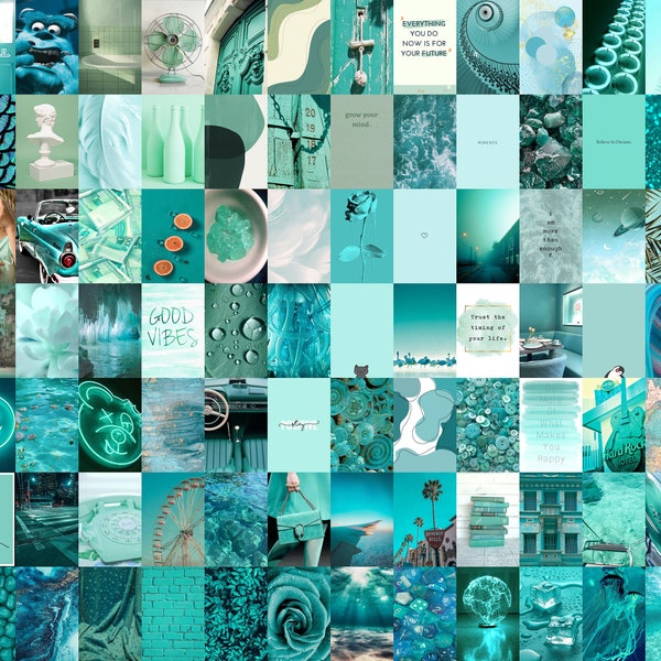 84 PCS | Aqua Aesthetic Collage Kit | Turquoise Mint Wall Art Poster Kit | Aqua Pearl Boujee High Quality Digital Postcards