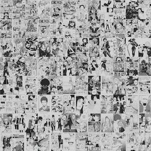 May include: A black and white collage of manga panels. The image is densely packed with various manga illustrations, featuring characters in action poses and dialogue bubbles. The overall aesthetic is monochromatic, with detailed line art.