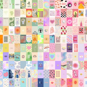 May include: A collage of 100 colourful digital illustrations featuring various themes, including nature, self-love, and positivity. The illustrations are in a variety of styles, including cartoon, abstract, and geometric. The collage is a vibrant and cheerful piece of art.