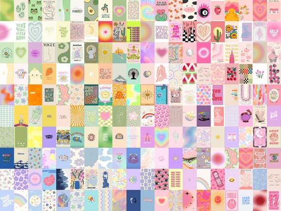 200 PCS | Danish Pastel Aesthetic Collage Kit | Pastel Good Vibe Positive Energy Collage Kit | Colorful Design Room Wall Art Digital Posters