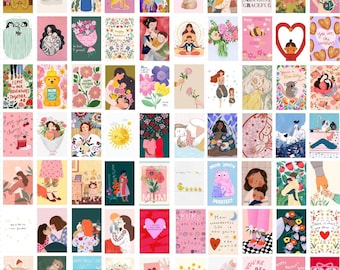 90 PSC | Mother’s Day Gift Premium Collage Kit | Pink Aesthetic Wall Decor | Cute Mom Gift | Floral Illustration Wall Art Digital Poster