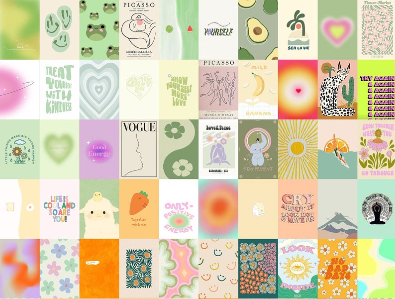 May include: A collage of 36 colourful digital illustrations with motivational quotes and phrases. The illustrations feature a variety of themes, including nature, animals, and abstract designs. Some of the quotes include "Treat yourself with kindness", "Show yourself more love", "Life is cool and so are you", "Only positive energy", "Cry about it, look hot, move on", and "No bad days".