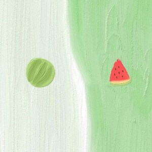 May include: A green watermelon slice and a green ball on a white and green background.