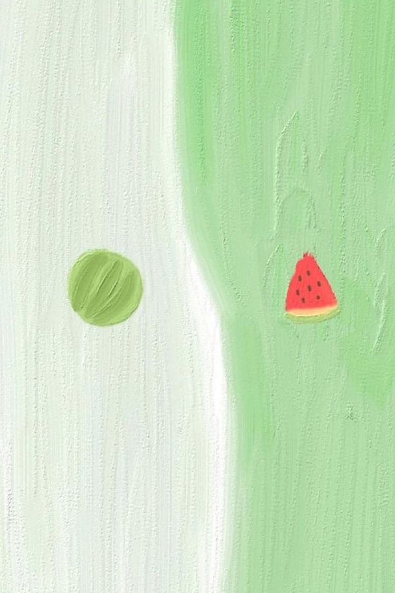 May include: A green watermelon slice and a green ball on a white and green background.