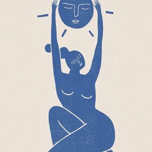 May include: A blue illustration of a person kneeling and holding a blue sun above their head. The sun has a face with closed eyes.