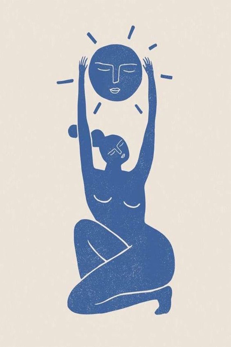 May include: A blue illustration of a person kneeling and holding a blue sun above their head. The sun has a face with closed eyes.