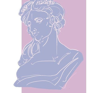 May include: A line drawing of a woman's bust in a pale blue colour with a white outline. The bust is set against a pale pink background.