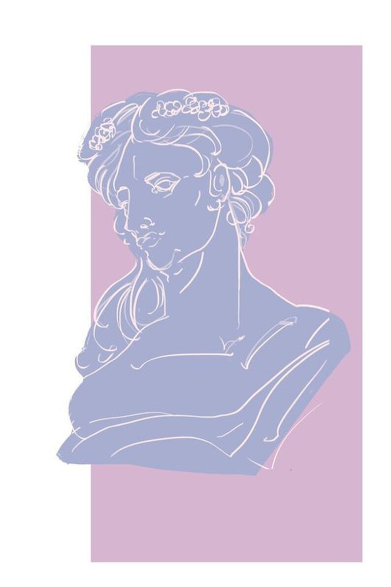 May include: A line drawing of a woman's bust in a pale blue colour with a white outline. The bust is set against a pale pink background.