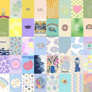 May include: A collage of 36 colourful digital illustrations with various themes, including waves, flowers, aliens, and positive energy. The illustrations are in a retro style with bright colours and simple designs.