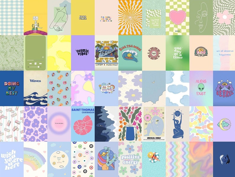 May include: A collage of 36 colourful digital illustrations with various themes, including waves, flowers, aliens, and positive energy. The illustrations are in a retro style with bright colours and simple designs.