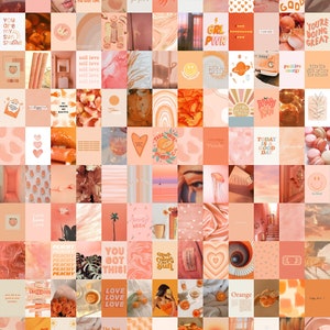 May include: A collage of 64 images in peach, orange, and white tones. The images feature various designs, including text, illustrations, and photographs. Some of the text includes "You are my sun shine", "Self love", "Peachy", "Girl Power", "All good", "Today is a good day", "Love love love", "You got this", "Be the sun shine", "The best time for new beginnings is now", and "Do what you love".