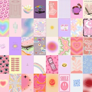 May include: A collage of 25 colourful digital illustrations with various themes, including hearts, rainbows, stars, eyes, and text. The illustrations are in a pastel colour palette and feature a variety of patterns and textures.