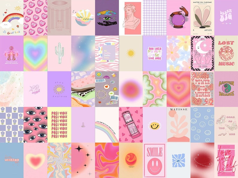 May include: A collage of 25 colourful digital illustrations with various themes, including hearts, rainbows, stars, eyes, and text. The illustrations are in a pastel colour palette and feature a variety of patterns and textures.