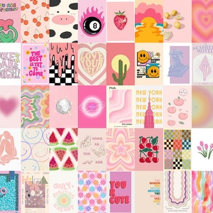 May include: A collage of 36 images arranged in a grid pattern. The images are predominantly pink and feature a variety of designs, including hearts, smiley faces, watermelons, cherries, and text. The text includes phrases such as "Take care of yourself", "Love your self", "New York", and "Only positive energy".