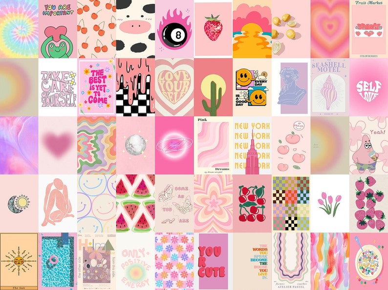 May include: A collage of 36 images arranged in a grid pattern. The images are predominantly pink and feature a variety of designs, including hearts, smiley faces, watermelons, cherries, and text. The text includes phrases such as "Take care of yourself", "Love your self", "New York", and "Only positive energy".