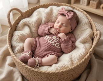 Personalized Hand Embroidered Baby Romper Set, Ruffle or Classic Edge Outfit