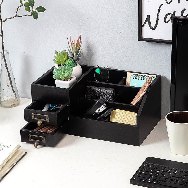 2 Tier Wooden Office Desk Organizer With Drawer Desk Storage Etsy