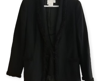 Vintage ZELDZAME Escada Margaretha Ley 100% Nieuwe Wol Zwarte Blazer met Fuzzy Trim Accent Maat 38 GE of 8 US