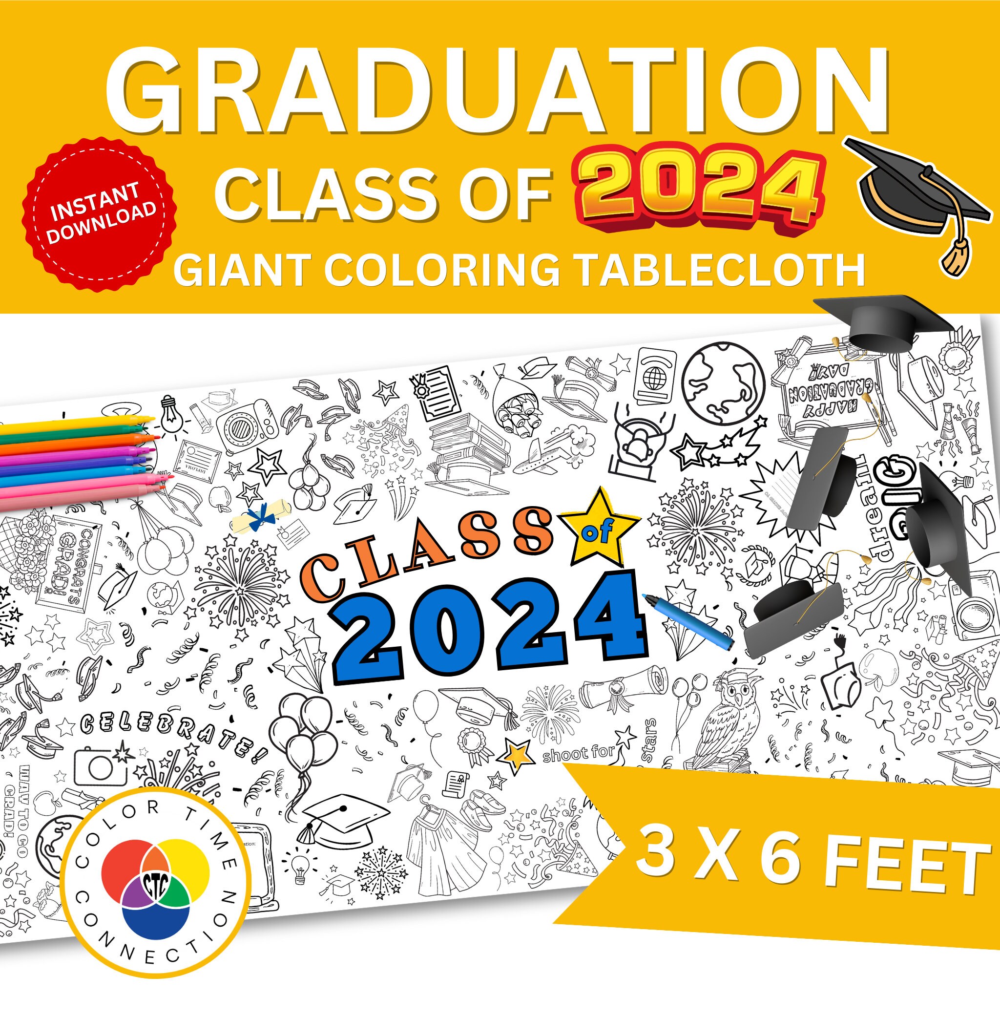 GRADUATION Class of 2024 Coloring Poster Printable, Table Decor, Party
