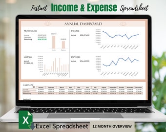 May include: A laptop screen displaying a spreadsheet with a pink and white color scheme. The spreadsheet is titled "Instant Income & Expense Spreadsheet" and includes a 12-month overview of income, expenses, savings, and profit/loss. The spreadsheet also includes graphs showing the trends of income and expenses over the year.