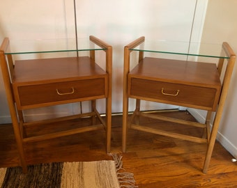 Pair of Vintage Danish Wood & Glass Nightstands, 1950s