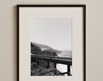 The Bridge Art Print, Modern Coastal California Home Decor, Bixby Creek Pacific Coast Highway Bridge, Fotografía en blanco y negro Big Sur