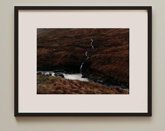 Impression d'Art cascade Écosse, photographie de paysage d'hiver de mauvaise humeur, Glen Etive Écosse, art mural contemporain Écosse