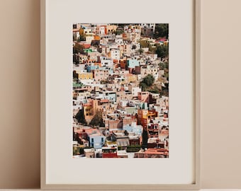 Lámina artística de Guanajuato, México, calles coloridas de estilo vintage, fotografía colorida de México, casas de México