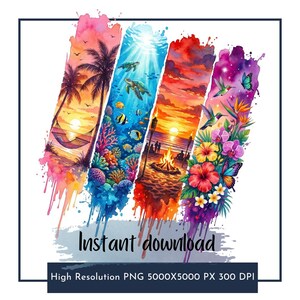 May include: A digital graphic design featuring four vertical watercolor-style panels. The panels depict a tropical sunset with a hammock, an underwater ocean scene with sea turtles and fish, a beach bonfire at dusk, and vibrant tropical flowers.
