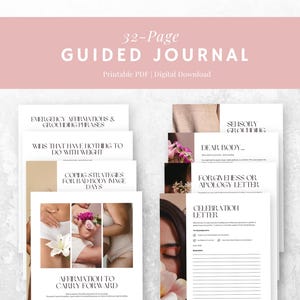 May include: A 32-page guided journal with a pink header and white pages. The journal includes sections on affirmations, coping strategies, and self-reflection. The words "Printable PDF | Digital Download" are also visible.